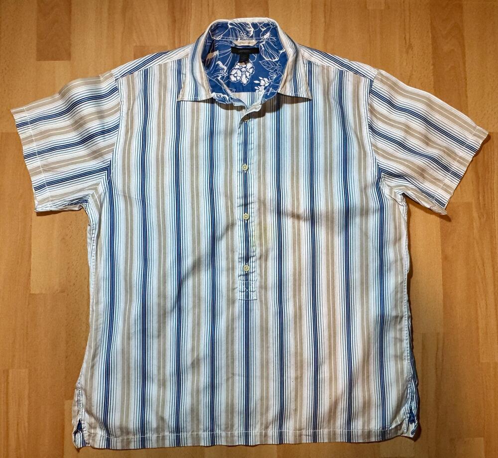 Express Shirt Mens XL Blue Beige Striped Short Sleeve Modern Fit Casual Summer